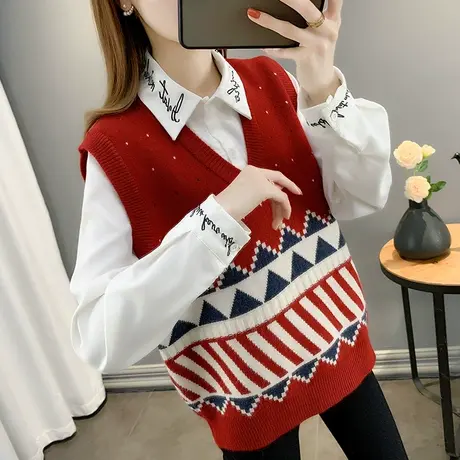 秋季2023新款女装马甲提花V领套头针织宽松外穿女士毛衣背心马夹商品大图