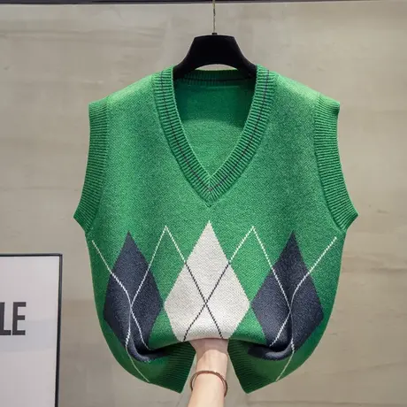 菱形v领针织马甲背心女2023春秋新款宽松马夹外穿上衣毛衣坎肩潮商品大图