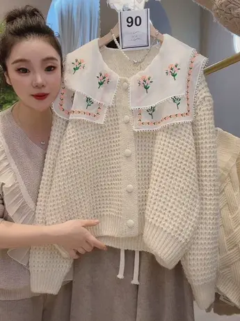 小众设计感刺绣复古毛衣女宽松显瘦娃娃海军领百搭针织开衫外套潮图片