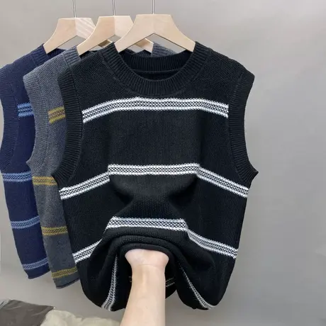 2023春秋新款圆领套头毛衣条纹百搭时尚针织衫女马甲毛衣背心坎肩图片