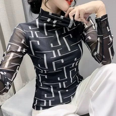 性感网纱上衣女秋冬加绒加厚半高领打底衫内搭时尚洋气印花上衣潮商品大图
