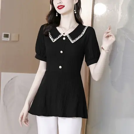 2023夏季新款胖MM气质百搭衬衫修身显瘦时尚大码娃娃领短袖女上衣图片