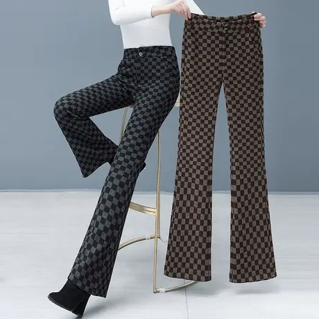 格子羊毛呢微喇裤女高腰弹力秋冬季2022年新款休闲显瘦百搭喇叭裤商品大图