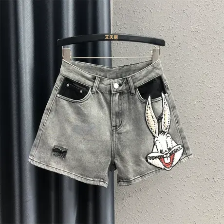 2023秋季新款兔子钉珠刺绣镶钻牛仔短裤女高腰显瘦破洞A字阔腿裤图片