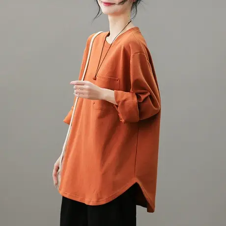 dza复古纯色全棉圆领长袖t恤女士2023春季宽松打底衫内搭口袋上衣商品大图
