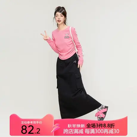 KEIKO 甜系软妹风粉色长袖t恤23早秋美式抽皱显瘦圆领打底衫上衣图片