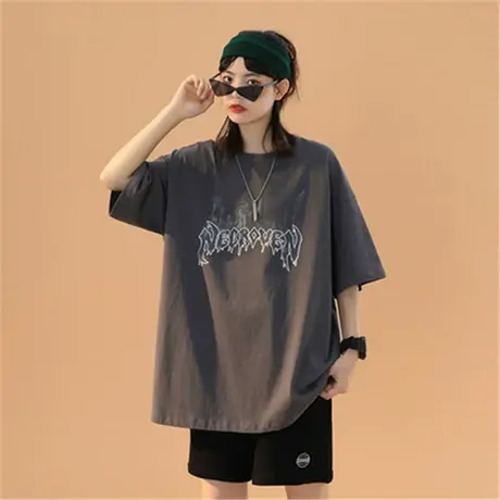 美式复古短袖t恤女2022夏季大码半袖宽松韩版ins设计感小众上衣服商品大图