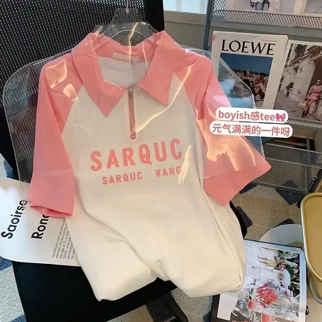 日系polo衫短袖t恤女夏季纯棉宽松半袖设计感小众美式复古上衣服商品大图