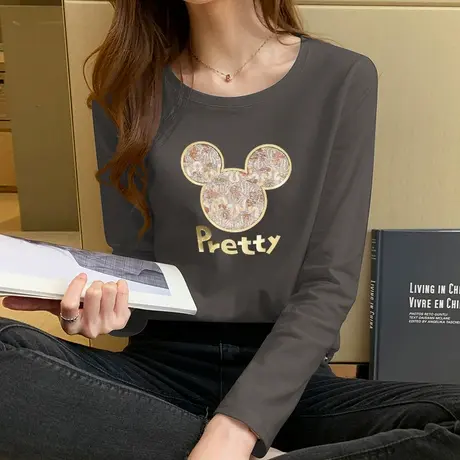 春秋款bm风米奇印花长袖T恤女纯棉宽松上衣圆领显瘦内搭打底衫潮图片