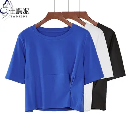 夏季韩版圆领宽松纯棉纯色休闲短款短袖体恤上衣女打底衫克莱因蓝商品大图