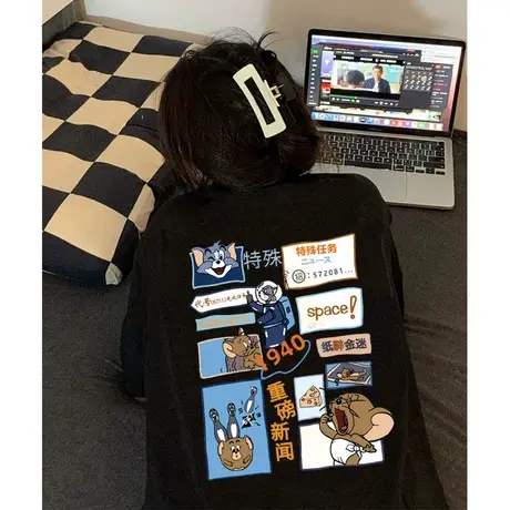 大码hiphop美式复古短袖t恤女夏季宽松小众设计感黑色纯棉上衣ins商品大图