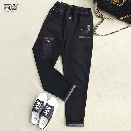 简涵大码牛仔裤女弹力裤子胖妹妹长裤冬装加绒200斤高腰加肥加大商品大图