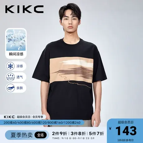 【凉感】kikc t恤男2023春夏新款商场同款拼接印花复古潮流短袖图片