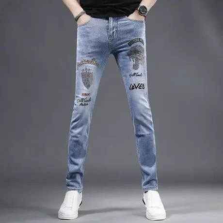 欧货烫钻牛仔裤男款修身小脚2023夏季新款浅蓝色潮流印花男士裤子商品大图