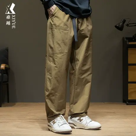 希越美式复古休闲裤男款秋季暗纹梭织拼接大口袋宽松大码直筒长裤商品大图