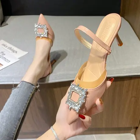 水钻高跟鞋女夏款细跟设计感法式小众单鞋仙女风包头后空绊带凉鞋图片