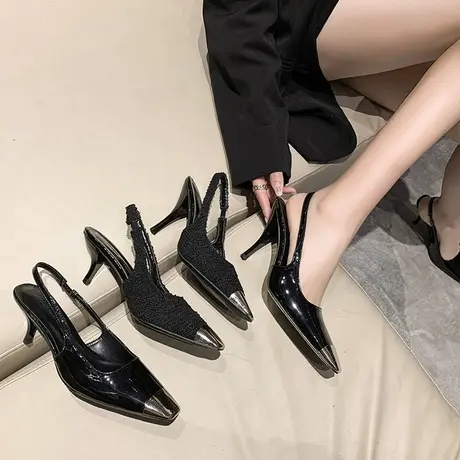 黑色高跟鞋女设计感小众2023年春季新款气质方头细跟单鞋包头凉鞋图片