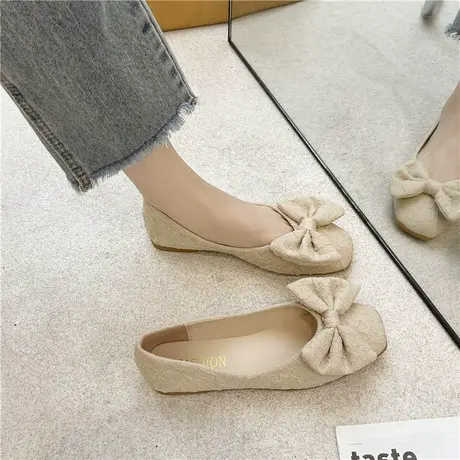 配裙子单鞋女春2023新款百搭方头浅口平底蝴蝶结甜美气质懒人瓢鞋商品大图