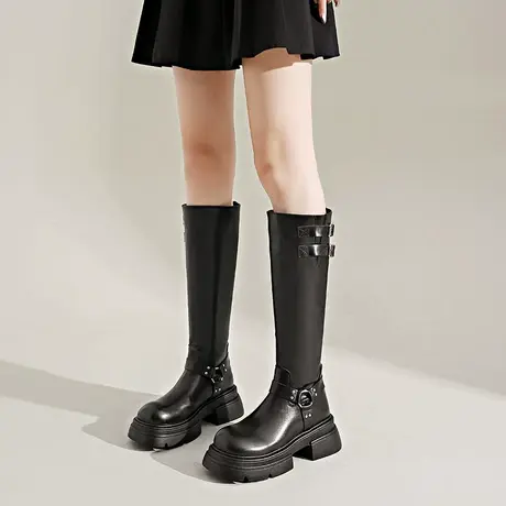 不过膝长靴2023年夏秋爆款潮流时尚复古皮带扣粗跟防滑帅气瘦瘦靴商品大图
