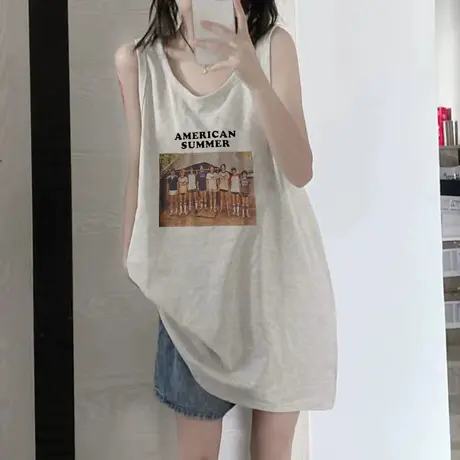 纯棉吊带坎肩背心无袖t恤女夏季设计感小众外穿宽松港风挂脖上衣商品大图
