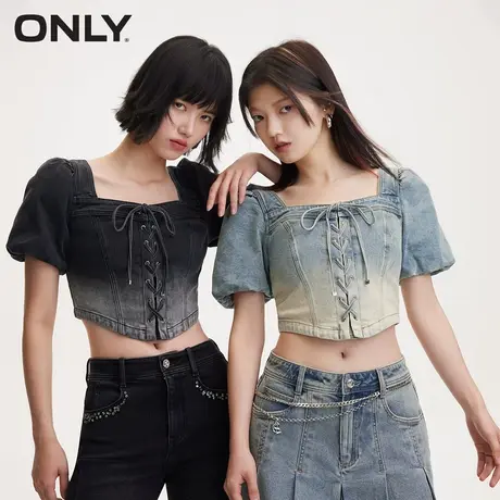 ONLY2024夏季新款气质方领渐变泡泡袖牛仔短款T恤女|124270002商品大图