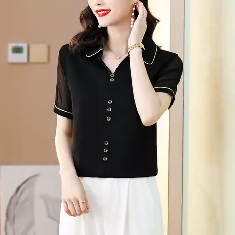 2023年新款夏季冰丝短袖衬衫女薄款高端时尚大码黑色翻领雪纺小衫商品大图