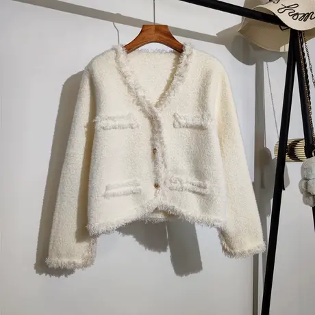 小香风流苏毛衣外套女秋冬新款宽松v领休闲气质名媛针织开衫上衣商品大图