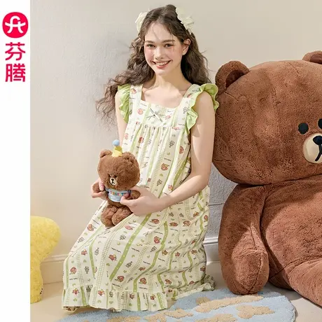 芬腾睡裙女纯棉夏季卡通布朗熊无袖睡衣凉感中裙宽松家居服连衣裙图片
