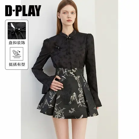 DPLAY2025春季新中式黑色上衣女缎面改良中国风缎面衬衫小衫长袖图片