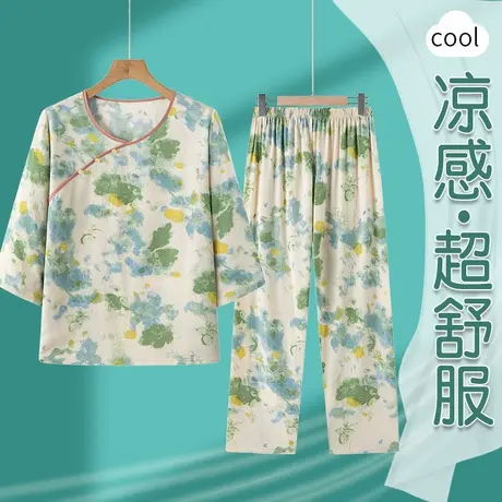棉绸睡衣女2025新款夏中国风妈妈家居服可外穿两件套装中老年大码商品大图
