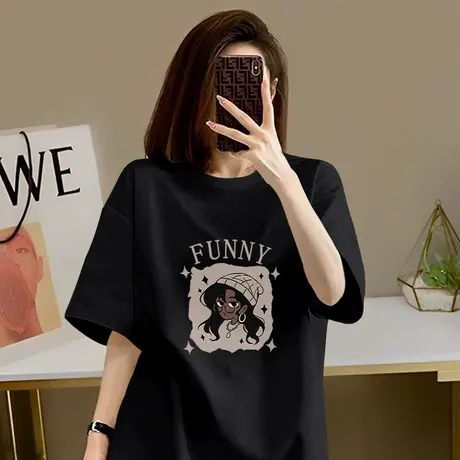 KWV真维斯黑色纯棉透气短袖t恤女2025新款宽松上衣女夏日ootd穿搭商品大图