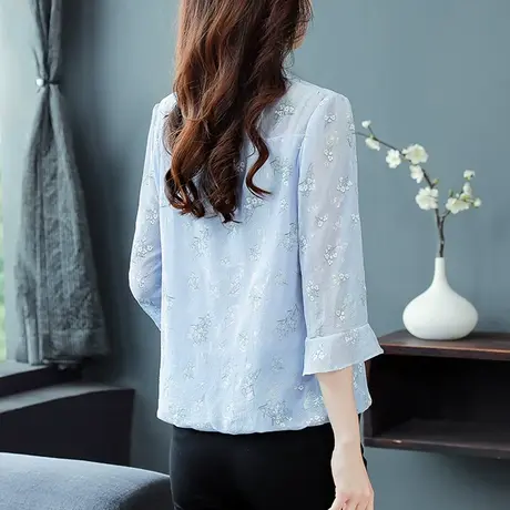 雪纺衫女夏季中袖2023新款碎花短袖漂亮小衫别致绝美上衣法式妈妈商品大图