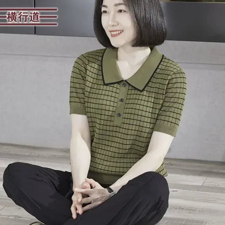 2023夏季新款韩版简约撞色边翻领条纹针织短袖女装外穿上衣服大码商品大图