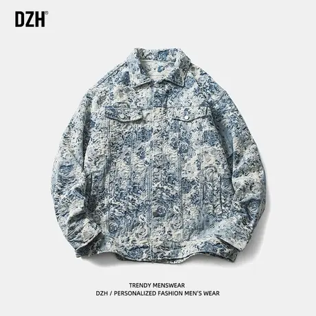 男士牛仔外套男春秋潮牌宽松碎花上衣百搭男装2023新款翻领夹克衫商品大图