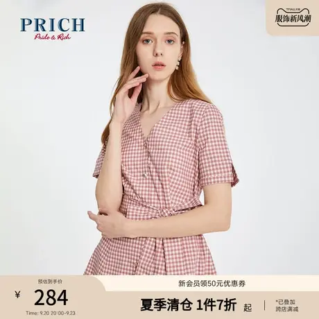 PRICH连衣裙短袖格子V领收腰显瘦职场通勤套头中长款裙子女商品大图