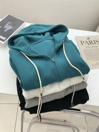 抽绳连帽卫衣女宽松韩版拉链开衫2023秋冬学生减龄加厚款休闲外套商品大图