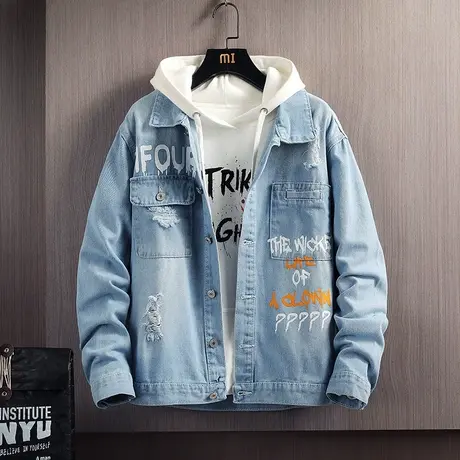 青少年秋季破洞牛仔夹克男初中高中学生秋装外套春秋帅气大童男装商品大图