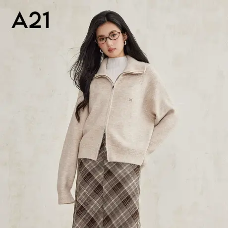 A21女装宽松立领落肩开襟毛织外套时尚翻领针织长袖双拉链毛衣商品大图