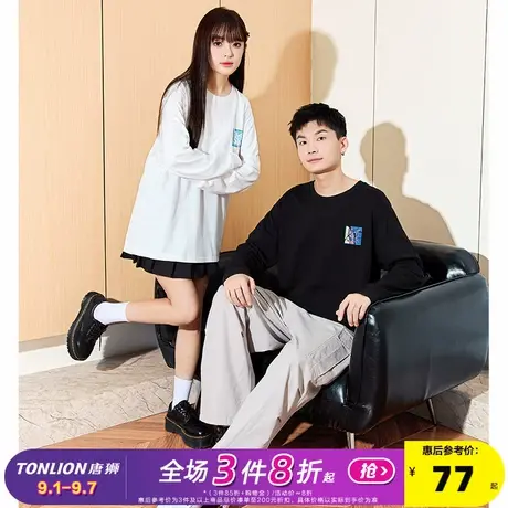 唐狮2025春季新款情侣长袖t恤男女宽松圆领上衣印花内搭潮酷情侣图片