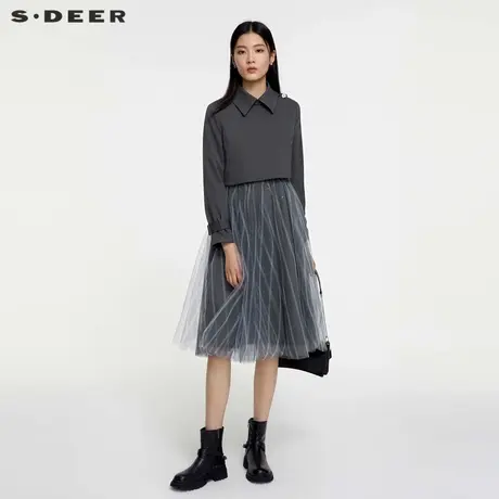 sdeer圣迪奥春秋装女装翻领条纹网纱外套连衣裙套装S231Z1406图片