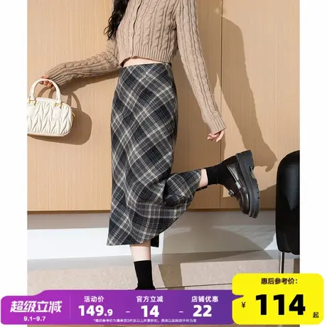 唐狮2024年秋冬季新款女半身裙流行蓝色格子百搭显瘦直筒长裙子WP商品大图