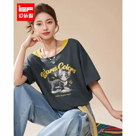 IEF/爱依服2025夏季新款韩版时尚可爱猫咪印花休闲通勤百搭上衣图片