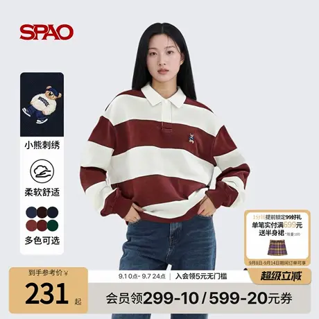 【WOODIE系列】SPAO韩国同款25年秋季新品学院条纹翻领宽松卫衣商品大图