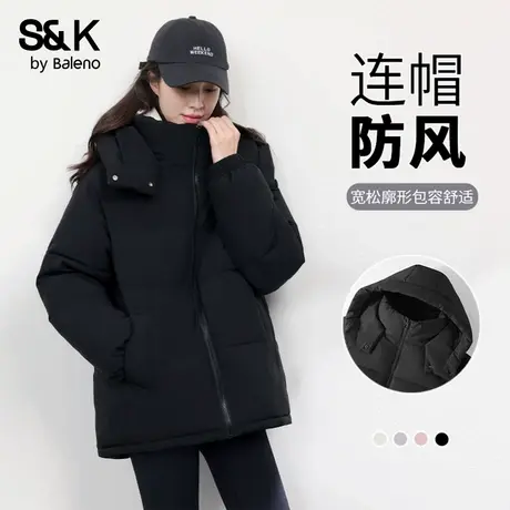 班尼路S&K系列连帽棉服女款秋冬黑色百搭通勤加绒保暖休闲面包服Q商品大图