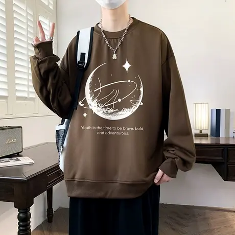 圆领卫衣男秋季2025新款美式宽松印花长袖T恤青少年休闲运动上衣商品大图