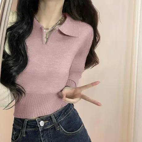 唐狮秋冬新款女毛衣简约百搭针织衫翻领套头毛衣女超好看tu图片