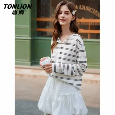 唐狮官方宽松薄款长袖t恤女2026新款春夏条纹罩衫美式慵懒上衣VC图片