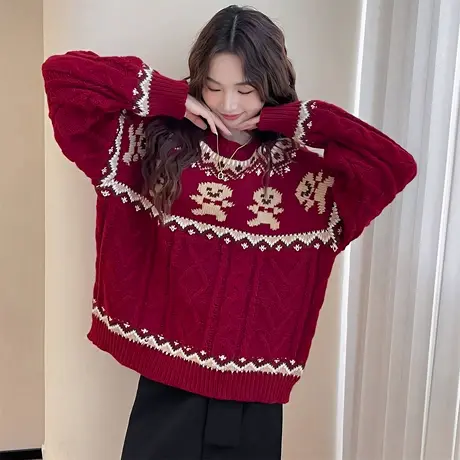 唐狮秋冬季毛衣女新年氛围感圣诞红色慵懒设计感圆领套头上衣TD商品大图