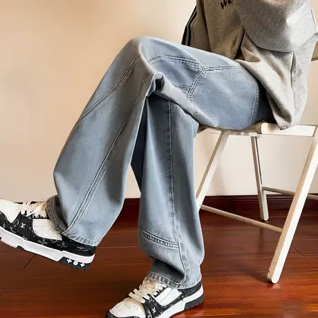 唐狮春秋季新款美式复古牛仔裤男百搭大宽松直筒休闲长裤子潮TE商品大图