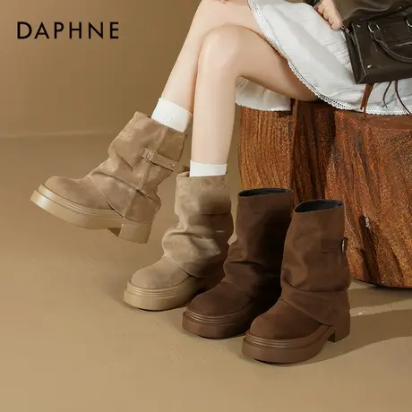 达芙妮裤管短靴女2025新款冬季女鞋棕色靴子女秋冬厚底马丁靴女款商品大图